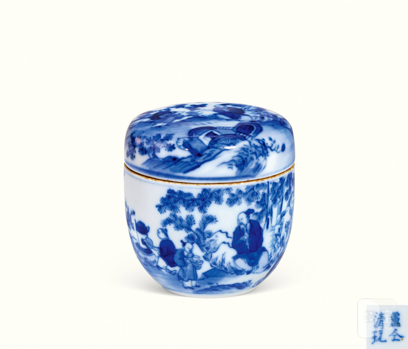 清中晚期 青花“卢仝清玩”烹茶图小茶叶罐